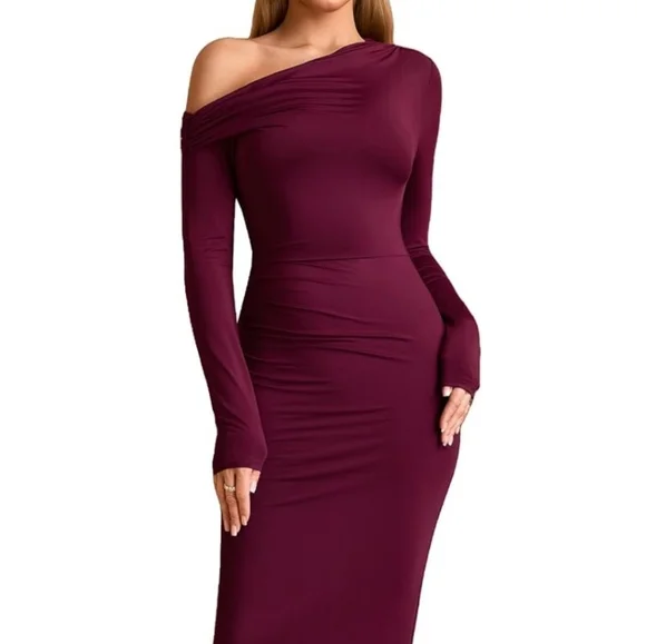 Women's Long Sleeve Bodycon Maxi Dress One Shoulder Ruched Fall Formal Wedding G - Picture 2 of 6